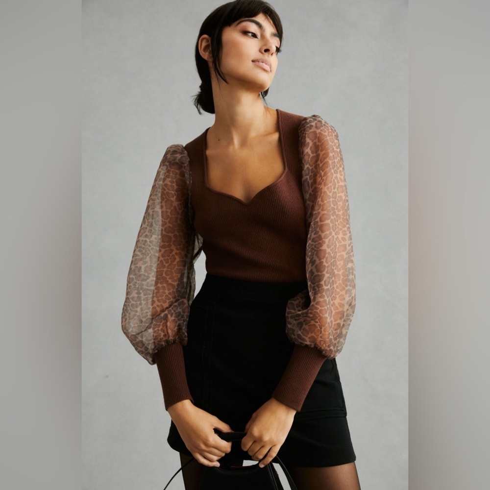 Dolan Anthropologie Puff Sleeve Sweater Brown Leopard Size XS Ribbed Sheer